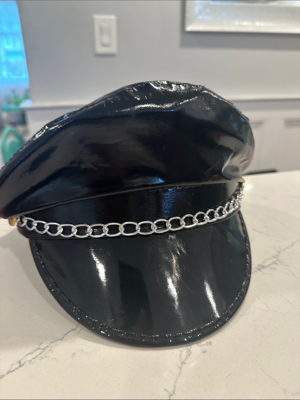 Black Patent Chain Trim Baker Boy biker Cap hat Halloween dress up